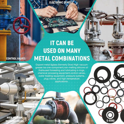 Collage of control valves, electronic devices, plug valves, high vacuum silicone grease, O-rings used in various applications.