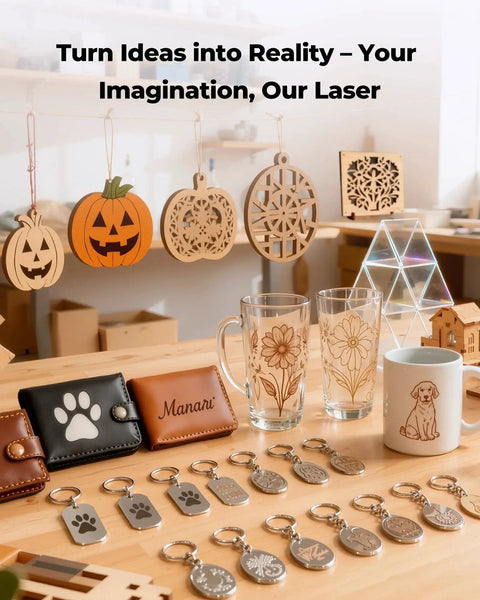 A variety of engraved items including wooden ornaments, glassware, and keychains created with a laser engraver in a workshop.