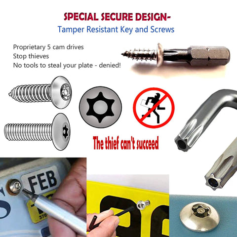 Anti Theft Stainless Steel License Plate Screws Set For Cars And Trucks Tamper Resistant Security Machine Screws Quarter Inch M6 Bolts 8 Pack shown with tamper-resistant design and installation example