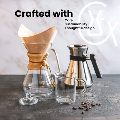 Ottomatic Auto Pour Over Coffee Maker Set With 40 Ounce Capacity, 6 Cup Glass Coffeemaker, carafe and pot on table