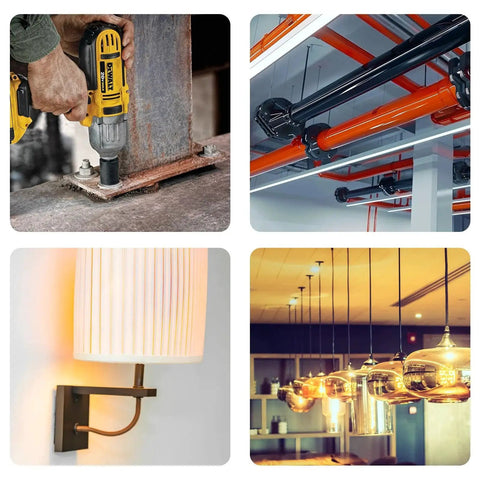 Power drill and piping installations with lighting fixtures; showcasing Drop In Anchor Hand Setting Tool for Three Eighths Of An Inch.