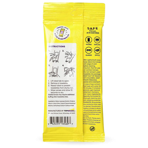 Back view of yellow packaging for Lens Cleaning Wipes For Glasses And Screens Streak Free Scratch Free 192 Wipes