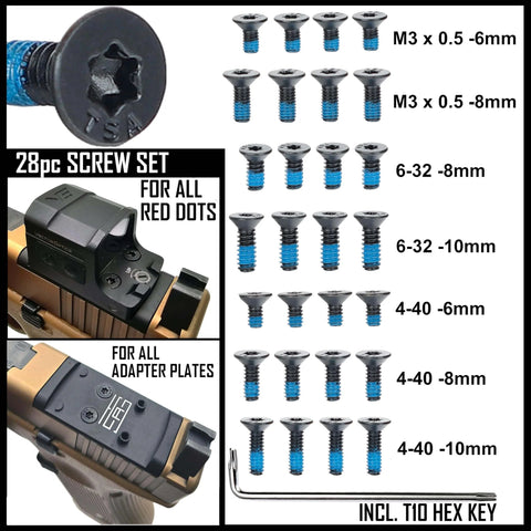 Glock MOS Adapter Plate Screw Kit 28 Piece Set With Carbon Steel Screws Blue Threadlocker And T10 Hex Key Fits Trijicon RMR Holosun Leupold Shield ACRO Red Dot Optics displayed with screws and key