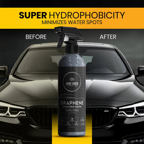 Long Lasting Graphene Ceramic Spray Coating For Cars, Motorcycles, Boats And More, No Fuss Quick Spray Wipe Buff, Waterless Wash And Wax, 16oz Bottle, Professional Grade High Gloss Sealant on display near a shiny black car.
