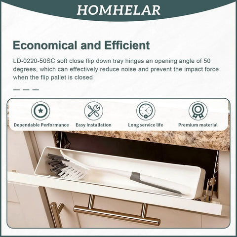Image of soft close pivot hinges with screws for closets, bookcases, cabinets and sink tip-out doors 50 degree opening model LD022050SC installed on a white cabinet.
