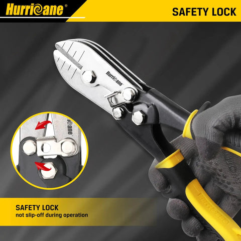 Close-up of a Five Blade Sheet Metal Crimper For Ductwork Downspouts And Stove Pipes Industrial Grade Heavy Duty Hand Crimping Tool with safety lock.