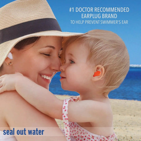 Mother and child wearing Pillow Soft Moldable Silicone Ear Plugs For Sleeping And Travel, beach background