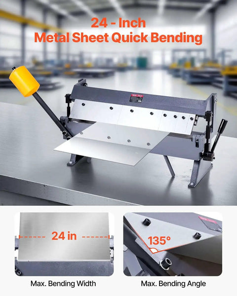 Box and Pan Brake 24 Inch Sheet Metal Bender on a table, showing adjustable angle and 24-inch wide metal sheet.