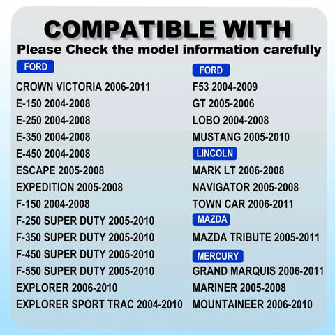 Compatibility chart for Fuel Pump Driver Module FPDM With Mounting Bolts For Ford F150 F250 F350 F450 F550 Super Duty 2004 2008