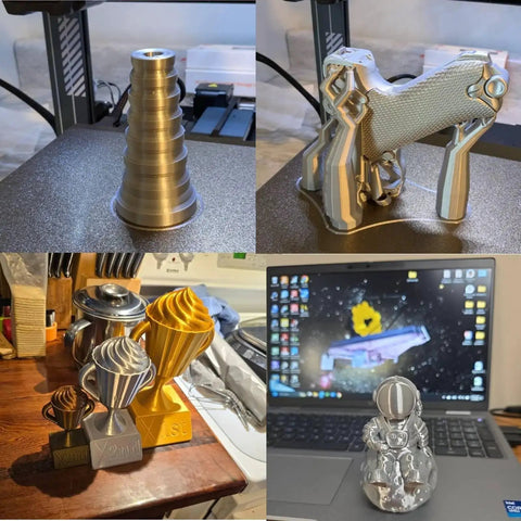 3D printed objects using Silk Metallic Silver PLA Filament 1kg Spool 1.75mm Vacuum Pack For 3D Printing showing glossy finish