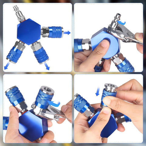 Air splitter manifold Milosline Connect, 3-way 1/4 in NPT, blue hex body with quick-connect ports
Installed view of Milosline Connect air manifold, blue hex housing and quick-connect fittings
Close-up of blue Milosline Connect air manifold with 1/4 in NPT quick-connect coupler
Hands assembling Milosline Connect air manifold, blue hex body with plug-style fittings