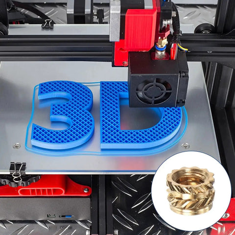 3D printer with printed object and Brass Heat Set Threaded Inserts M4 X 4mm Length 6mm OD Knurled Female Metric Nuts For 3D Printing