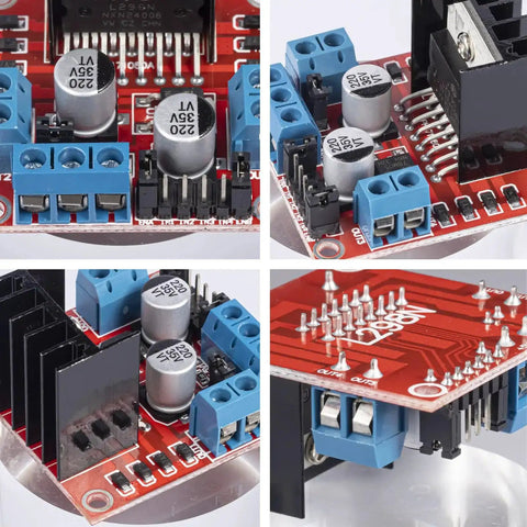 Close-up views of Beefed Up Dual L298N H Bridge Motor Driver Module for Arduino Projects, showing connectors and capacitors.