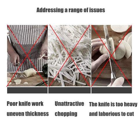 Image showing issues with cutting vegetables, marked by red Xs: uneven thickness, unattractive chopping, and heavy knife use.