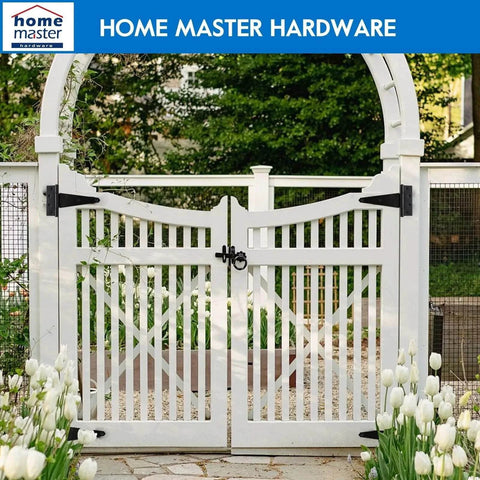 White fence gate with 8 Inch T Strap Heavy Duty Shed Door Hinges Black Tee Hinge For Wooden Fences Yard Doors Barn Doors And Gates.