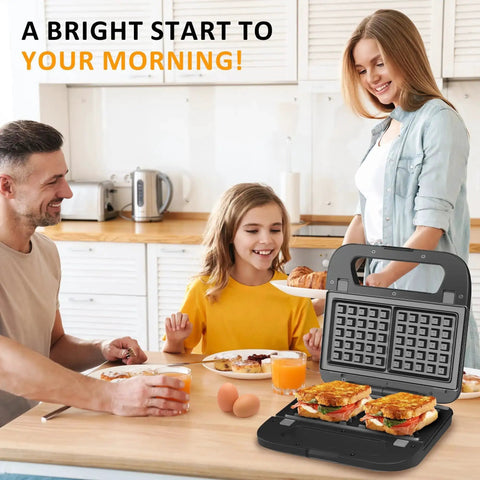 Family using Three In One Sandwich And Waffle Maker With Removable Plates Panini Press Nonstick Plates Indicator Lights And Cool Touch Handle 750W Black Kitchen Gadget For Grab And Go Breakfasts And Tasty Snacks