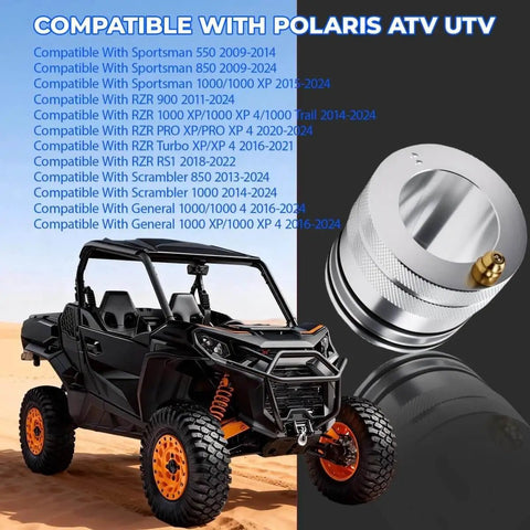 44Mm Wheel Bearing Grease Tool For Polaris RZR And Sportsman Models shown beside compatible ATV, front view