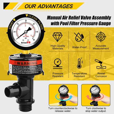Pool filter air relief valve with pressure gauge, black plastic body and stainless steel gauge for pool and spa filters