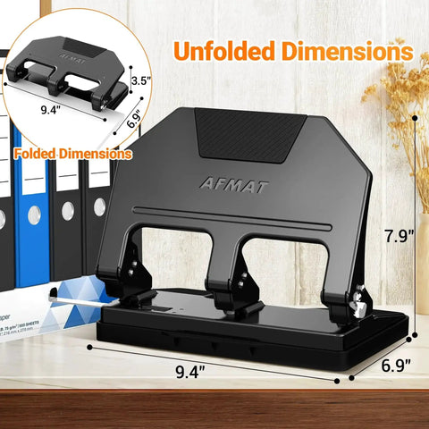 Heavy Duty 3 Hole Punch For Binders With 9 32nd Inch Holes 40 Sheet Capacity 50 Percent Less Effort Metal Construction Built In Paper Guide And Large Chip Tray 10,000 Uses HPX3 with unfolded dimensions shown on desk.