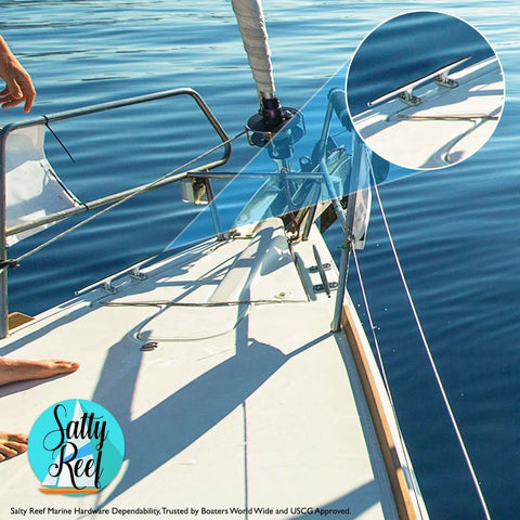 8 Inch Polished Deck Cleat Built Tough From 316 Stainless Steel For Saltwater Boats installed on a yacht deck