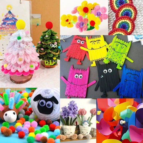 All-In-One Kids Arts And Crafts Kit With Glitter Glue Sticks, Pipe Cleaners, Pom Poms And Craft Tools For DIY Projects, Perfect Gift For Girls And Boys Aged 4 Plus, Sparks Creativity And Fun For Busy Craft Time featuring colorful crafts