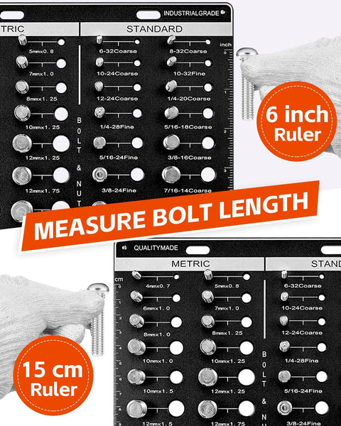 Close-up of Bolt Size Finder And Thread Gauge Kit Kinok 42 Thread Checker displaying metric and standard sizes with rulers.