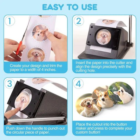 Steps for using 3 Inch Circle Punch For Button Making, showing design trimming, paper insertion, cutting with Precision 86mm Circle Cutter.