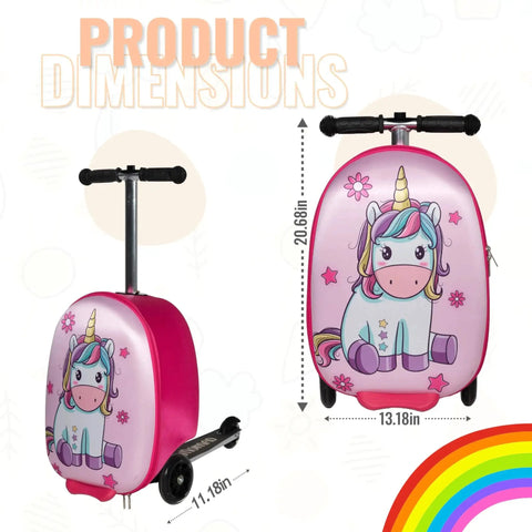 Unicorn Ride On Scooter Suitcase For Kids That Doubles As Travel Luggage With Built In Scooter And LED Wheels, carry on design for girls ages 4-12, foldable and lightweight, TinyNomad ideal for air travel