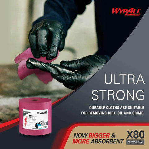 Heavy Duty Cleaning Wipes Jumbo Roll With 455 Sheets Red Absorbs Water And Oil shown with gloves cleaning surface