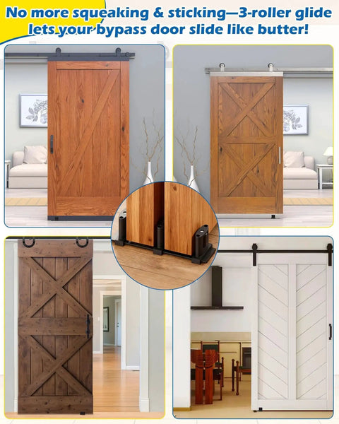 Three-Roller Adjustable Sliding Closet Door Floor Guide Upgrade Kit Bottom Mount For Bypass Double Bypass And Barn Doors One Pack Provides Ultra Smooth Gliding And Edge Protection For Door Panels displayed on barn doors.