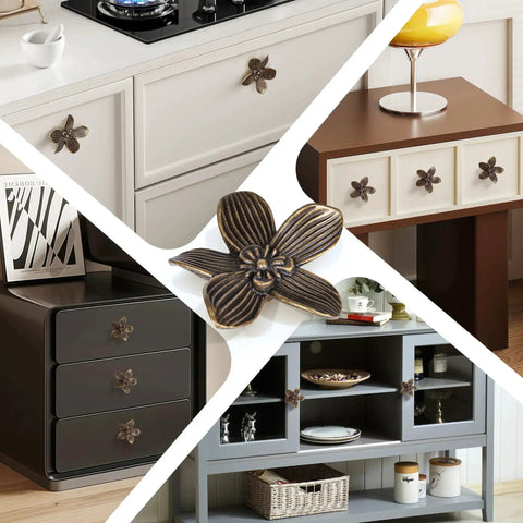 Four Pack Two Point Four Inch Antique Brass Flower Cabinet Knobs with Vintage Floral Drawer Pulls installed on various furniture