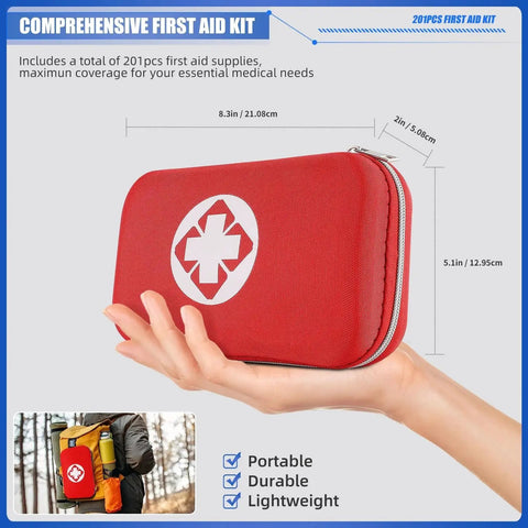 Red Mini Travel First Aid Kit With 201 Pieces Of Emergency Medical Supplies In A Waterproof Compact Bag in hand