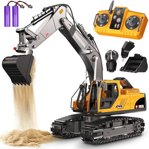 3 In 1 Remote Control Excavator Toy With Interchangeable Bucket Claw And Drill, 680 Degree Rotating RC Construction Vehicle With Lights And Music, Dual Rechargeable Batteries, Ideal Christmas Or Birthday Gift For Kids Aged 3 And Up, shown with remote, attachments, and sand.