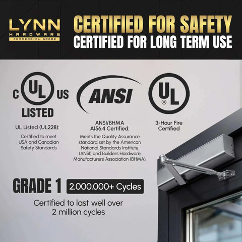 Certified Heavy Duty Automatic Door Closer, Fire Rated Up to 3 Hours, Durable Aluminum Body and Steel Arm, DC8016 next to certification logos