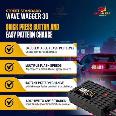 Promotional image of Wig Wag 36 Pattern Wave Wagger Headlights Module with feature list and car background