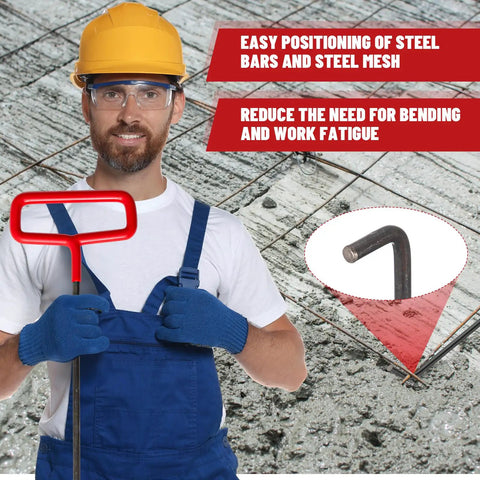 Rebar lifter hook tool, 33-inch steel with rubber handle, for lifting rebar and mesh in concrete pours