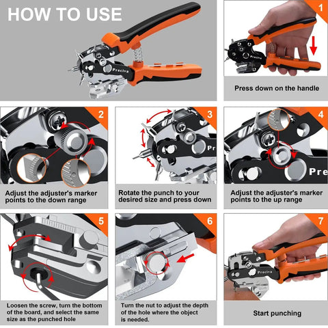 Instructions for using Pro Grade Hole Punch Plier Kit With Revolving Punch Heads And V-Shaped Cutting Edge, Six Hole Sizes 20cm Ruler