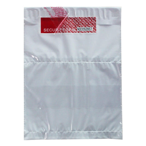 TamperSeals Group red serial-numbered tamper-evident security tape label on a silver padded mailer.