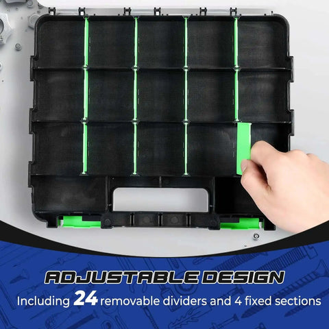 Two Pack 34 Compartment Double Sided Parts Organizer Case All In One For Hardware Screws Bolts Nails Nuts Beads Jewelry Craft Supplies And Fishing Gear Durable Plastic Storage Box Green with adjustable dividers
