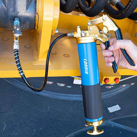 Heavy Duty 8000 PSI Pistol Grip Grease Gun Kit With 14 Oz Capacity 0.53 Inch Coupler And 90 Degree Adapter 18 Inch Flexible Hose For Automotive Agricultural Industrial And Marine Maintenance in use on machinery