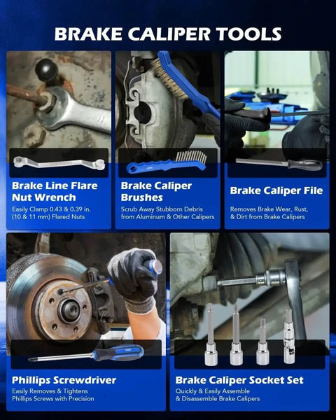 Brake caliper tools including line flare nut wrench, brushes, file, screwdriver, socket set for Pro Grade 15 Piece Drum And Disc Brake Tool Kit