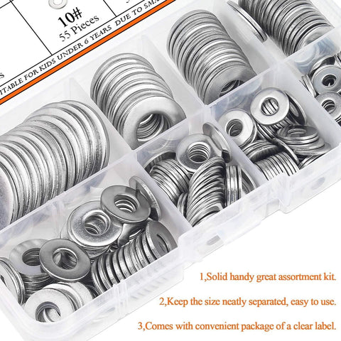 HELIFOUNER 270-piece stainless steel flat washer set in a clear plastic organizer with 8 sizes