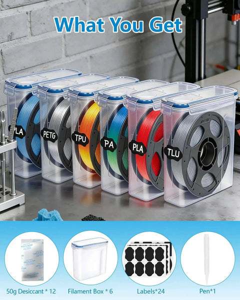 Six Pack 1.75mm Filament Storage Boxes With Desiccants shown with filament spools and labels for 3D printer use, transparent blue
