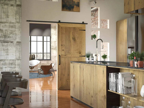 Kitchen with barn door featuring Rustic Decorative Forged Iron False Hinge For Barn Doors, Matte Black Finish, 8 1/16 Inch Length.