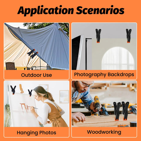 ECY Spring Clamps 4.5-inch, 10-pack; rust-proof plastic with non-slip pads, shown in outdoor tent, backdrop, hanging art.
