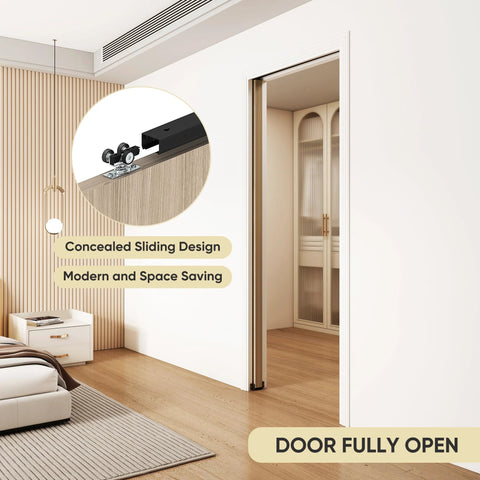 Six Foot Pocket Door Kit With Commercial Grade Sliding Hardware, installed in bedroom, black finish, modern style.