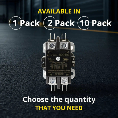 Front view of 2 Pole 40 Amp AC Contactor with 240V Coil for heavy duty motor load in HVAC, available in multiple pack sizes.
