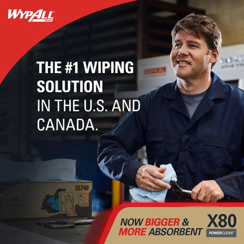 Man holding PowerClean X80 cloth in industrial setting, text reading '#1 wiping solution', box of wipes visible.