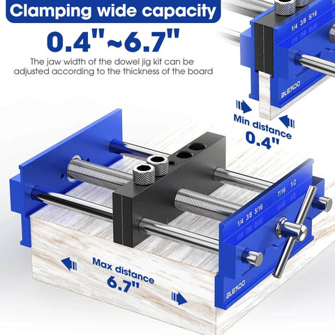 Upgraded 6.7 Inch Self Centering Doweling Jig Kit with adjustable width clamped on wood for precise joints visible