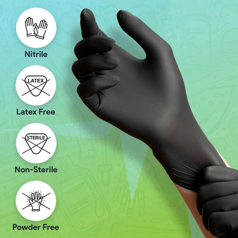 Black Large Nitrile Gloves 3 Mil Latex Free Powder Free Medical Lab Industrial, hand wearing a glove with feature icons.